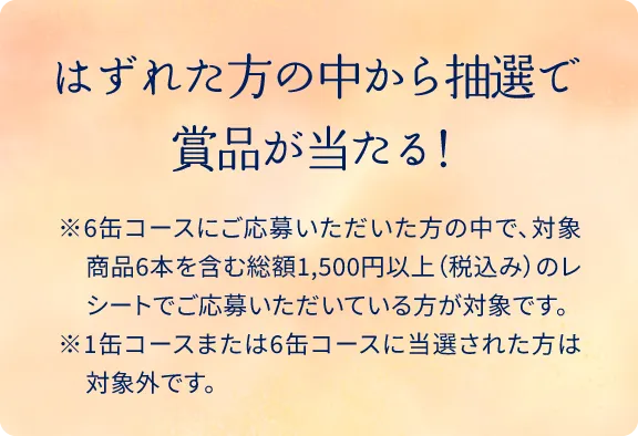 はずれた方の中から抽選で賞品が当たる！※6缶コースにご応募いただいた方の中で、対象商品6本を含む総額1,500円以上（税込み）のレシートでご応募いただいている方が対象です。※1缶コースまたは6缶コースに当選された方は対象外です。