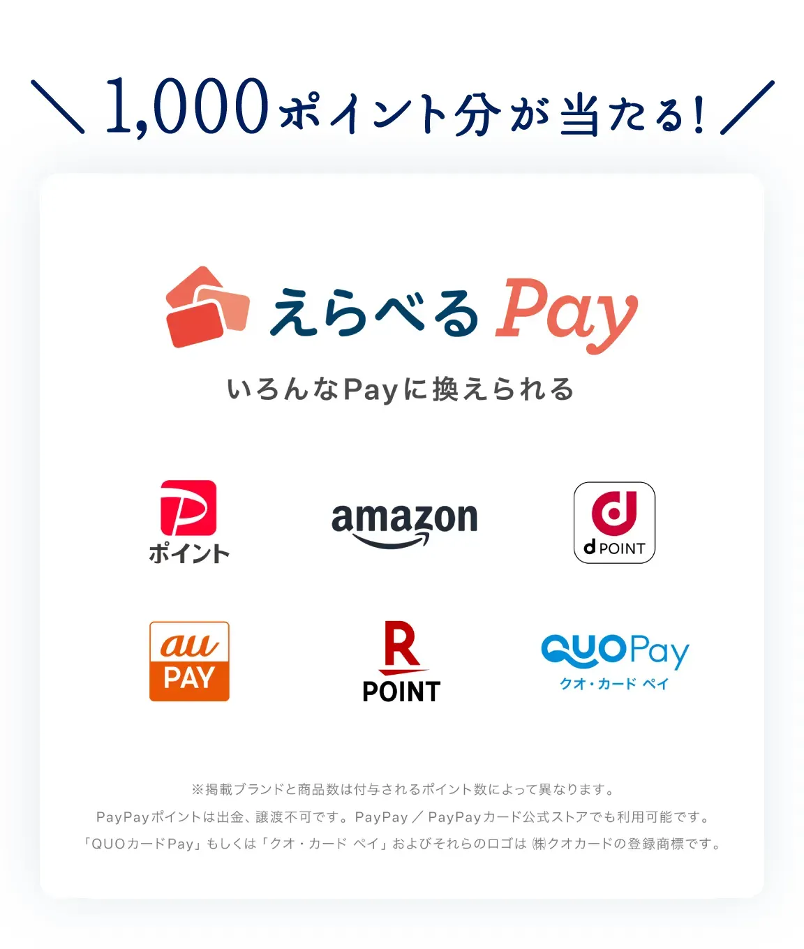 1,000円分が当たる！ | えらべるPay | いろんなPayに換えられる | PayPayポイント | Amazon | dポイント | au PAY | 楽天ポイント | クオ・カード ペイ | ※掲載ブランドと商品数は付与されるポイント数によって異なります。PayPayポイントは出金、譲渡不可です。PayPay／PayPayカード公式ストアでも利用可能です。「QUOカードPay」もしくは「クオ・カード ペイ」およびそれらのロゴは（株）クオカードの登録商標です。