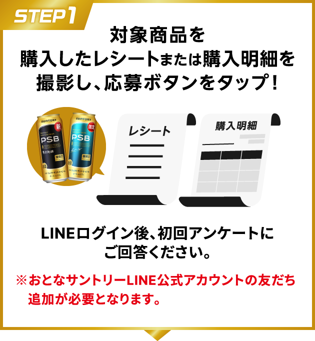 STEP1：対象商品を購入したレシートまたは購入明細を撮影し、応募ボタンをタップ！　LINEログイン後、初回アンケートにご回答ください。　※おとなサントリーLINE公式アカウントの友だち追加が必要となります。