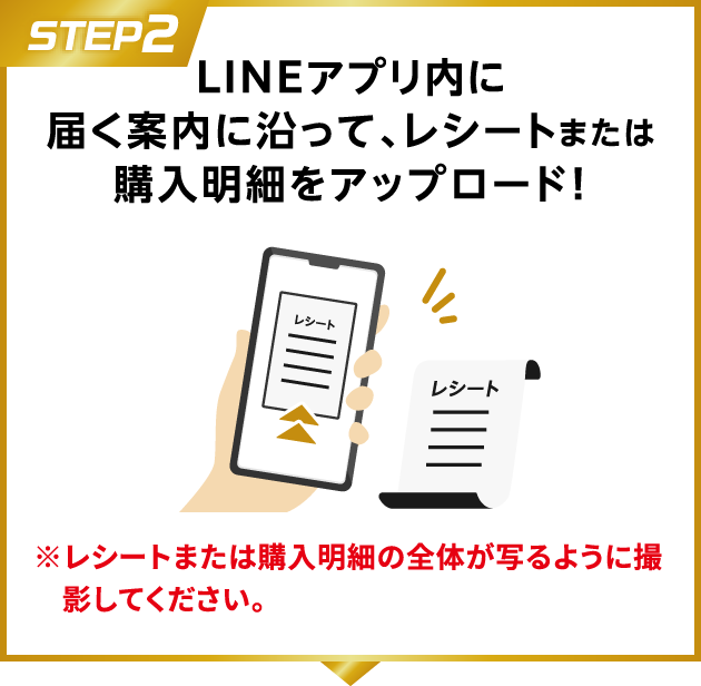 STEP2：LINEアプリ内に届く案内に沿って、レシートまたは購入明細をアップロード！　※レシートまたは購入明細の全体が写るように撮影してください。
