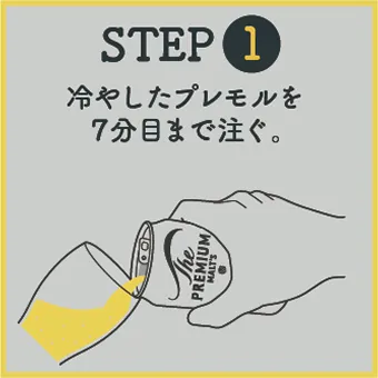 STEP1 冷やしたプレモルを７分目まで注ぐ。