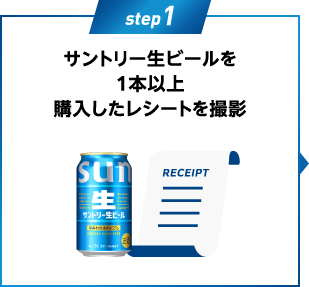step1：サントリー生ビールを1本以上購入したレシートを撮影
