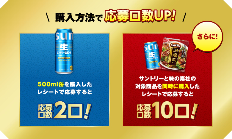 購入方法で応募口数UP！　500ml缶を購入したレシートで応募すると応募口数2口！　さらに！サントリーと味の素社の対象商品を同時に購入したレシートで応募すると応募口数10口！