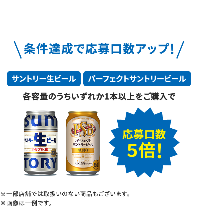 プラス 条件達成で応募口数アップ！ サントリー生ビール パーフェクトサントリービール 各容量のうちいずれか1本以上をご購入で 応募口数５倍！ ※一部店舗では取扱いのない商品もございます。※画像は一例です。