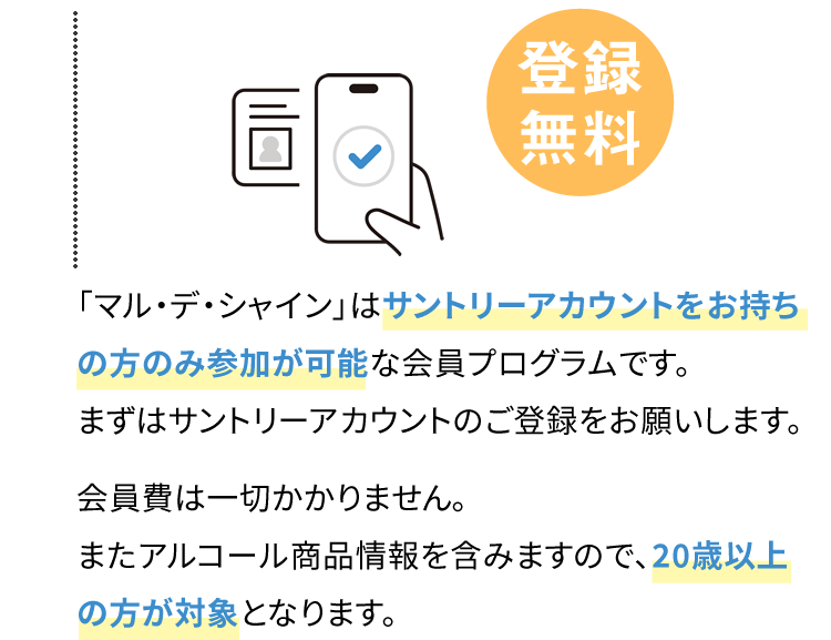 「マル・デ・シャイン」はサントリーアカウントをお持ちの方のみ参加が可能な会員プログラムです。まずはサントリーアカウントのご登録をお願いします。会員費は一切かかりません。またアルコール商品情報を含みますので、20歳以上の方が対象となります。