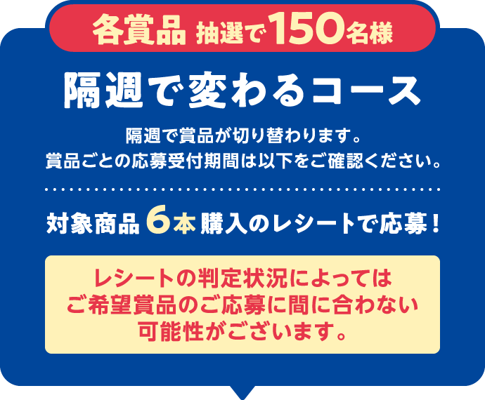 各賞品抽選で150名様 隔週で変わるコース　隔週で賞品が切り替わります。賞品ごとの応募受付期間は以下をご確認ください。　対象商品6本購入のレシートで応募！　レシートの判定状況によってはご希望賞品のご応募に間に合わない可能性がございます。