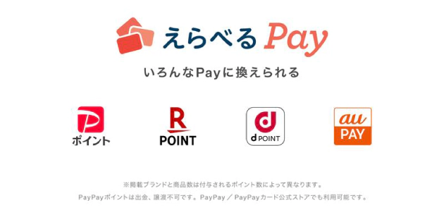 えらべるPay いろんなPayに換えられる　※掲載ブランドと商品数は付与されるポイント数によって異なります。　PayPayポイントは出勤、譲渡不可です。PayPay／PayPayカード公式ストアでも利用可能です。