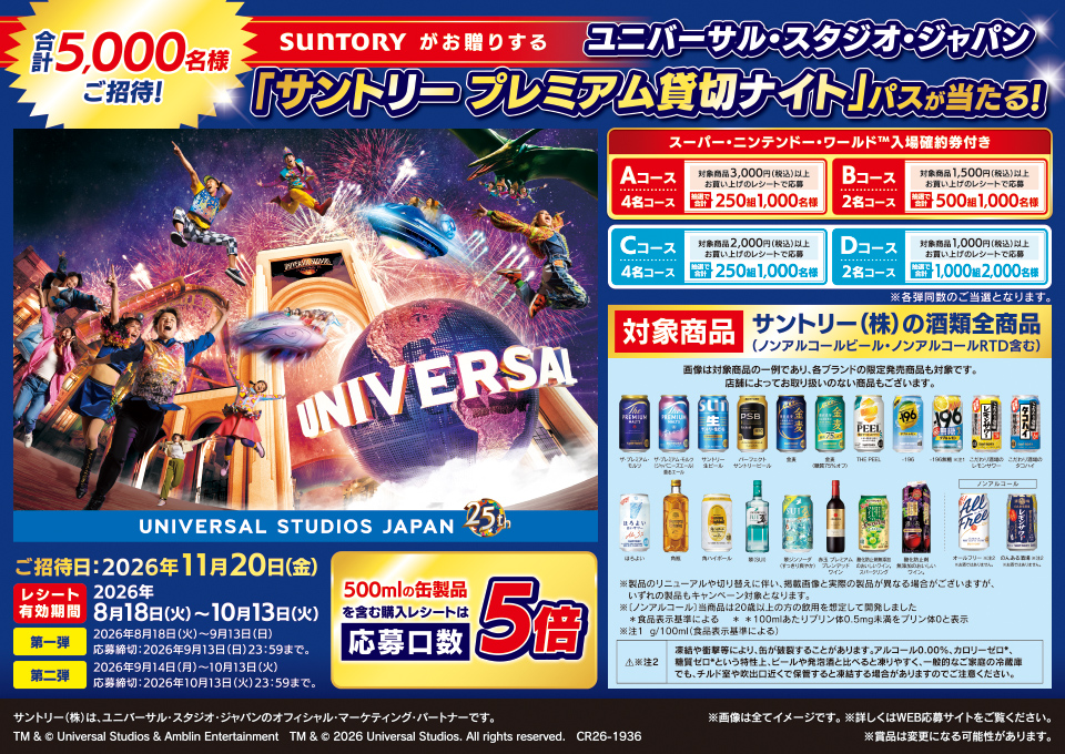 合計500名様ご招待！ SUNTORYがお贈りする ユニバーサル・スタジオ・ジャパン「サントリー プレミアム貸切ナイト」パスが当たる！ ご招待日：2026年11月20日（金） レシート有効期間 2026年8月18日(火)～10月13日(火)[第一弾]2026年8月18日(火)～9月13日(日)応募締切:2026年9月13日(日)23:59まで。[第二弾]2026年9月14日(月)～10月13日(火)応募締切:2026年10月13日(火)23:59まで。 500mlの缶製品を含む購入レシートは応募口数5倍[Aコース（4名コース）]スーパー・ニンテンドー・ワールドTM入場確約券付き 対象商品3,000円（税込）以上お買い上げのレシートで応募 抽選で250組1,000名様[Bコース（2名コース）]スーパー・ニンテンドー・ワールドTM入場確約券付き 対象商品1,500円（税込）以上お買い上げのレシートで応募 抽選で500組1,000名様[Cコース（4名コース）]対象商品2,000円（税込）以上お買い上げのレシートで応募 抽選で250組1,000名様[Dコース（2名コース）]対象商品1,000円（税込）以上お買い上げのレシートで応募 抽選で1,000組2,000名様※各弾同数のご当選となります。対象商品 サントリー酒類缶全製品（ノンアルコールビール・ノンアルコールRTD含む） ※画像は対象商品の一例であり、各ブランドの限定発売商品も対象です。店舗によってお取り扱いのない商品もございます。ザ・プレミアム・モルツ ザ・プレミアム・モルツ〈ジャパニーズエール〉香るエール サントリー生ビール パーフェクトサントリービール 金麦 金麦〈糖質75％オフ〉 THE PEEL -196 -196無糖 こだわり酒場のレモンサワー こだわり酒場のタコハイ ほろよい 翠SUI 翠ジンソーダ 赤玉プレミアムブレンデッドワイン 酸化防止剤無添加のおいしいワイン。スパークリング 酸化防止剤無添加のおいしいワイン。オールフリー※注1 お酒ではありません。 のんある酒場※注1 お酒ではありません。※製品のリニューアルや切り替えに伴い、掲載画像と実際の製品が異なる場合がございますが、いずれの製品もキャンペーン対象となります。※[ノンアルコール〕当商品は20歳以上の方の飲用を想定して開発しました*食品表示基準による * *100mlあたリプリン体0.5mg未満をプリン体0と表示※注1 g/100ml(食品表示基準による)※注2 注意 凍結や衝撃等により、缶が破裂することがあります。アルコール0.00％、カロリーゼロ＊、糖質ゼロ＊という特性上、ビールや発泡酒と比べると凍りやすく、一般的なご家庭の冷蔵庫でも、チルド室や吹出口近くで保管すると凍結する場合がありますのでご注意ください。※画像は全てイメージです。※詳しくはWEB応募サイトをご覧ください。※賞品は変更になる可能性があります。 サントリー（株）は、ユニバーサル・スタジオ・ジャパンのオフィシャル・マーケティング・パートナーです。 TM & &copy; Universal Studios & Amblin Entertainment　TM & &copy; 2026 Universal Studios. All rights reserved. CR26-1936