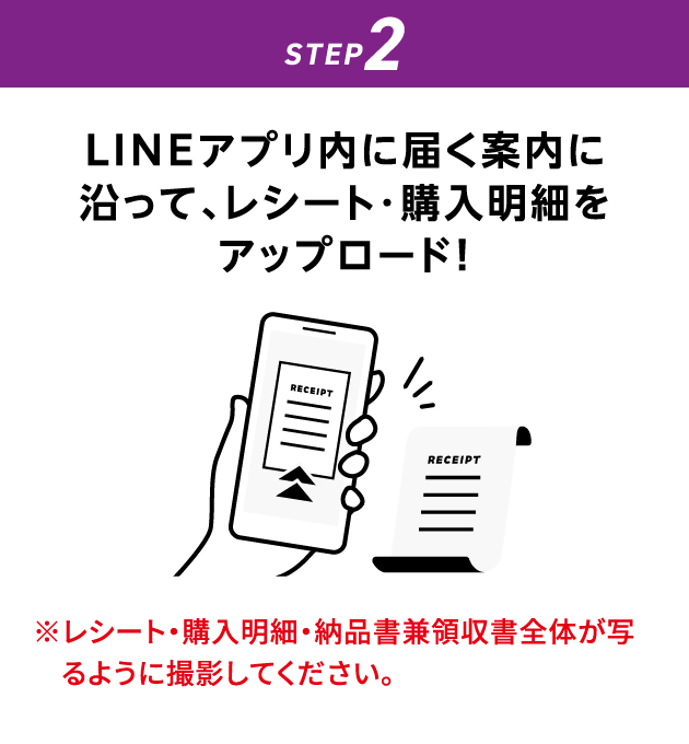 STEP2：LINEアプリ内に届く案内に沿って、レシート・購入明細をアップロード！　※レシート・購入明細・納品書兼領収書全体が写るように撮影してください。