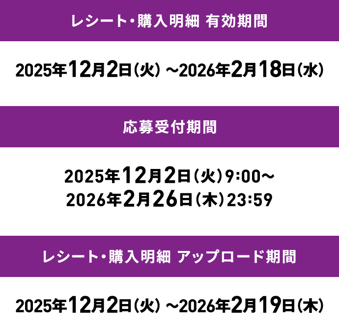 レシート・購入明細 有効期間：2025年12月2日（火）～2026年2月18日（水）／応募受付期間：2025年12月2日（火）9:00～2026年2月26日（木）8:59／レシート・購入明細 アップロード期間：2025年12月2日（火）～2026年2月19日（木）