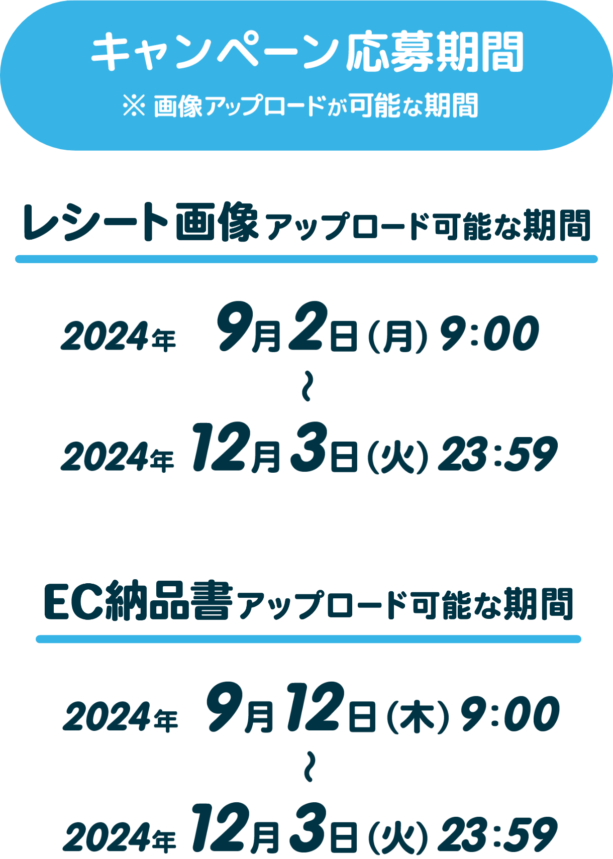 【キャンペーン応募期間】※画像アップロードが可能な期間 レシート画像アップロード可能な期間 2024年9月2日（月）9：00～2024年12月3日（火）23：59 EC納品書アップロード可能な期間 2024年9月12日（木）9：00～2024年12月3日（火）23：59