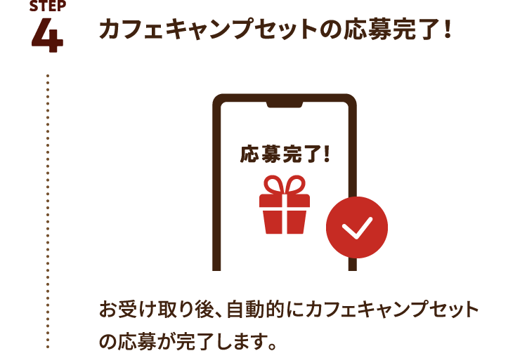 STEP4：カフェキャンプセットの応募完了！ お受け取り後、自動的にカフェキャンプセットの応募が完了します。