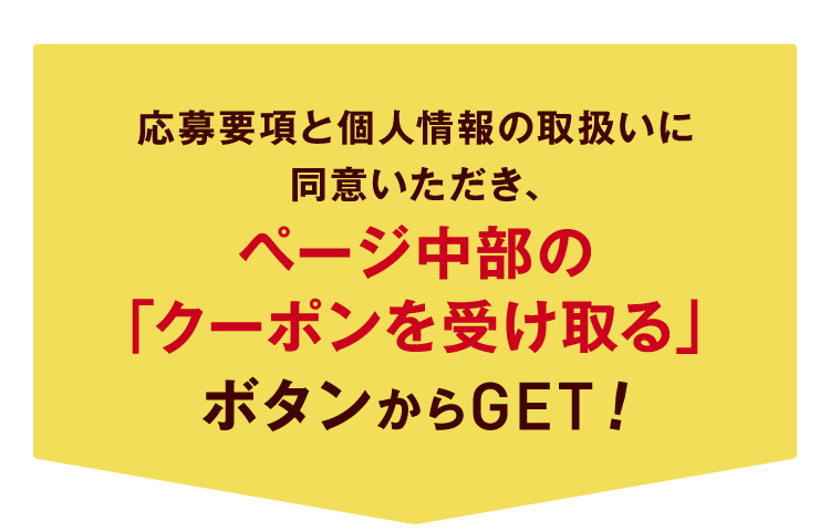 応募要項と個人情報の取扱いに同意いただき、ページ中部の「クーポンを受け取る」ボタンからGET!