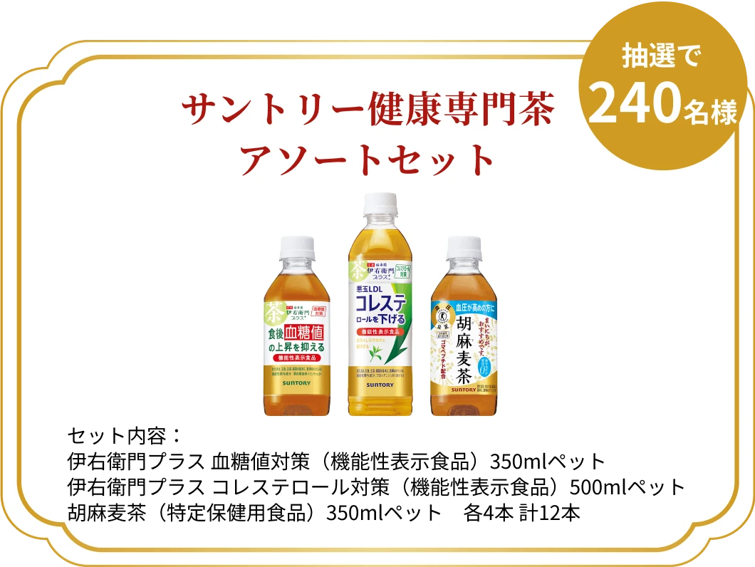 サントリー健康専門茶アソートセット　セット内容：伊右衛門プラス 血糖値対策（機能性表示食品）350mlペット 伊右衛門プラス コレステロール対策（機能性表示食品）500mlペット 胡麻麦茶（特定保健用食品）350mlペット　各4本 計12本