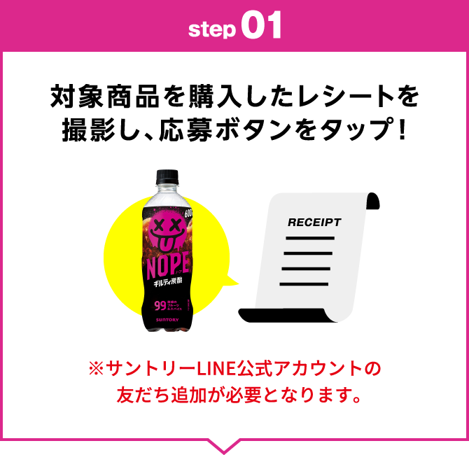 step01：対象商品を購入したレシートを撮影し、応募ボタンをタップ！　※サントリーLINE公式アカウントの友だち追加が必要となります。