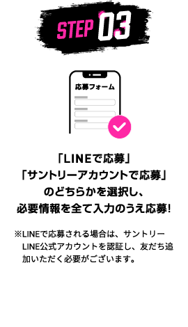 STEP03：「LINEで応募」「サントリーアカウントで応募」のどちらかを選択し、必要情報を全て入力のうえ応募！　※LINEで応募される場合は、サントリーLINE公式アカウントを認証し、友だち追加いただく必要がございます。