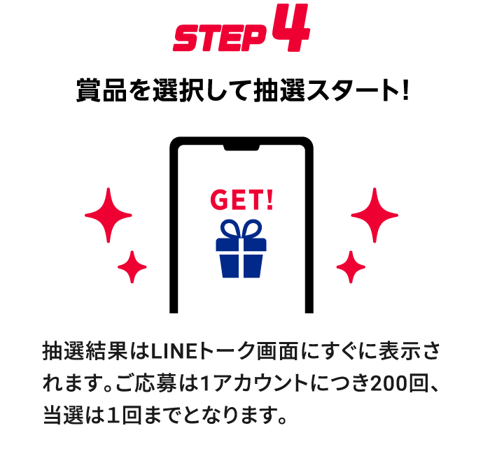 STEP4：賞品を選択して抽選スタート！　抽選結果はLINEトーク画面にすぐに表示されます。ご応募は1アカウントにつき200回、当選は1回までとなります。 