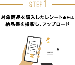 STEP1：対象商品を購入したレシートまたは納品書を撮影し、アップロード