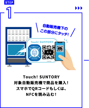 Touch! SUNTORY 対象自動販売機で商品を購入！スマホでQRコードもしくは、NFCを読み込む！