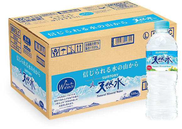 サントリー天然水1ケース550ml（24本）と550mlペットボトルの画像