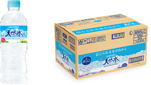 サントリー天然水1ケース550ml（24本）と550mlペットボトルの画像