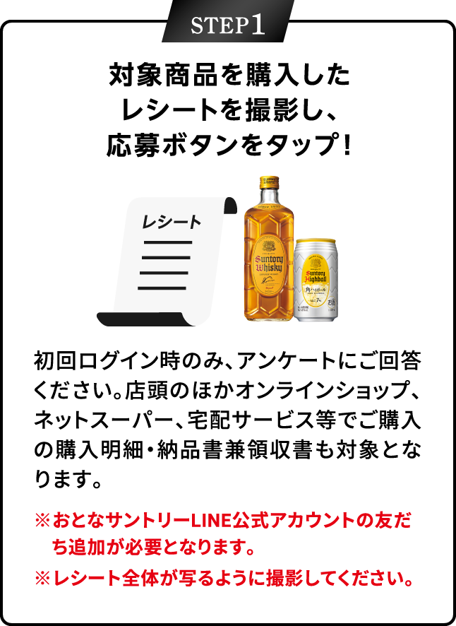 STEP1：対象商品を購入したレシートを撮影し、応募ボタンをタップ！　初回ログイン時のみ、アンケートにご回答ください。店頭のほかオンラインショップ、ネットスーパー、宅配サービス等でご購入の購入明細・納品書兼領収書も対象となります。※おとなサントリーLINE公式アカウントの友だち追加が必要となります。※レシート全体が写るように撮影してください。