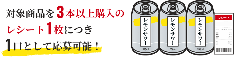 対象商品を3本以上購入のレシート1枚につき1口として応募可能！