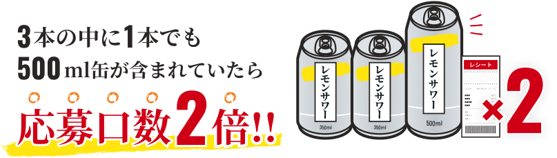 3本の中に1本でも500ml缶が含まれていたら応募口数2倍!!