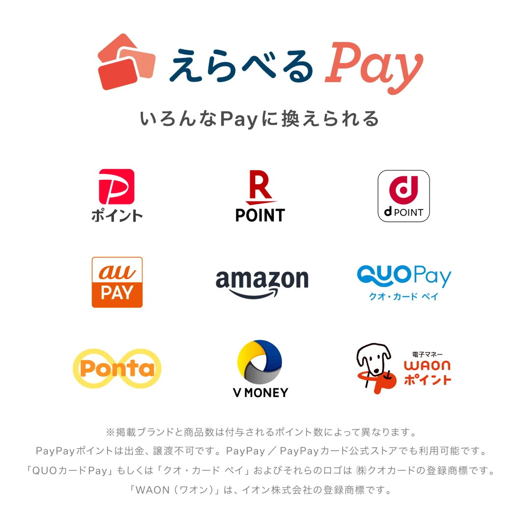 えらべるPay いろんなPayに換えられる　PayPay、楽天ポイント、d POINT、auPAY、amazon、QUO Pay、Ponta、V MONEY、WAONポイント