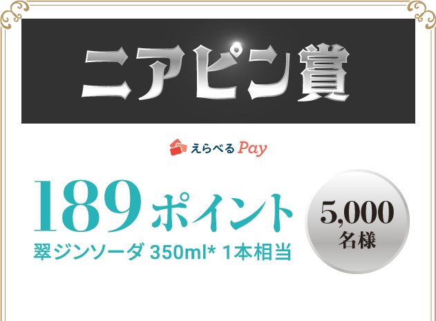 ニアピン賞　 えらべるPay 189ポイント（翠ジンソーダ 350ml（＊） 1本相当） 5,000名様　＊希望小売価格189円（税抜）