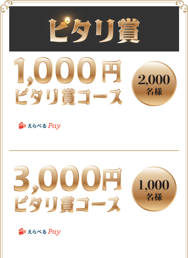 ピタリ賞　1,000円ピタリ賞コース えらべるPay 1,000ポイント 2,000名様　3,000円ピタリ賞コース えらべるPay 3,000ポイント 1,000名様