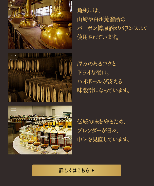 一 角瓶には、山崎や白州蒸溜所のバーボン樽原酒がバランスよく使用されています。二 厚みのあるコクとドライな後口。ハイボールが冴える味設計になっています。三 伝統の味を守るため、ブレンダ―が日々、中味を見直しています。詳しくはこちら