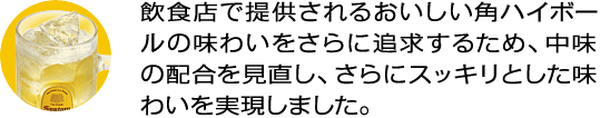 飲食店で提供されるおいしい角ハイボールの味わいをさらに追求するため、中味の配合を見直し、さらにスッキリとした味わいを実現しました。