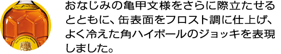 おなじみの亀甲文様をさらに際立たせるとともに、缶表面をフロスト調に仕上げ、よく冷えた角ハイボールのジョッキを表現しました。