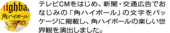 テレビCMをはじめ、新聞・交通広告でおなじみの「角ハイボール」の文字をパッケージに掲載し、角ハイボールの楽しい世界観を演出しました。