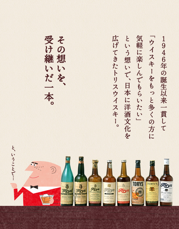 1946年の誕生以来一貫して「ウイスキーをもっと多くの方に気軽に楽しんでもらいたい」という想いで、日本に洋酒文化を広げてきたトリスウイスキー。70周年を迎えた今も、そしてこれからも、その想いは変わりません。 その想いを受け継いだ一本。 と、いうことで…